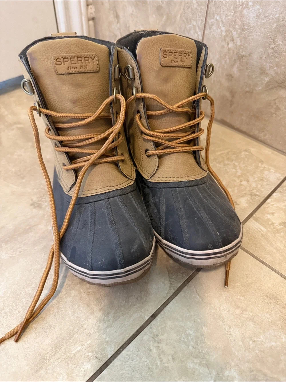 Sperry Tan and Navy Duck Boots with Lace-Up Front